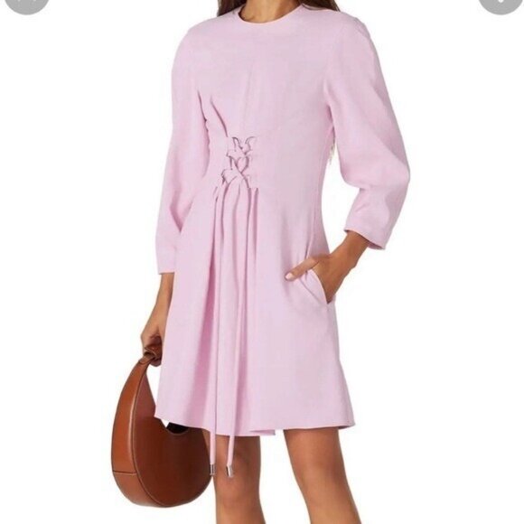 Tibi Dress Size 2 Pink Chalky Drape Corset Mini 3/4 Sleeve Tie Front Designer • - Picture 1 of 7